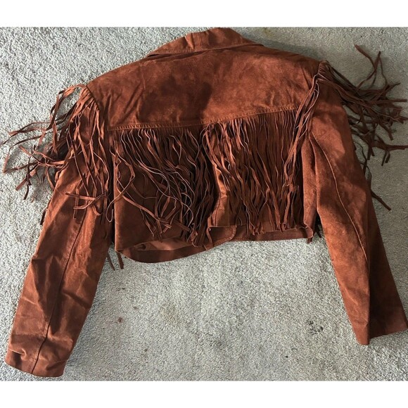 1970s Brown Suede Fringe Jacket Cropped Western Boho Leather Festival Women’s L - Picture 2 of 16